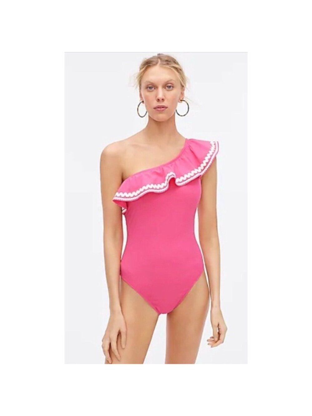 J.Crew L69701 Women's Pink Seersucker One Shoulder Ruffle Tank Swimsuit Size 12